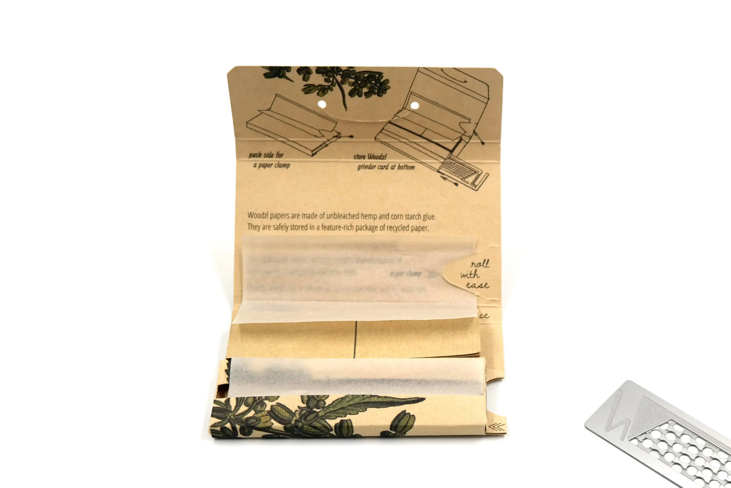WOODZL 1 1⁄4 Sticky Papers Hemp mit Tips, Paperclamp und Grinderkartenfach
