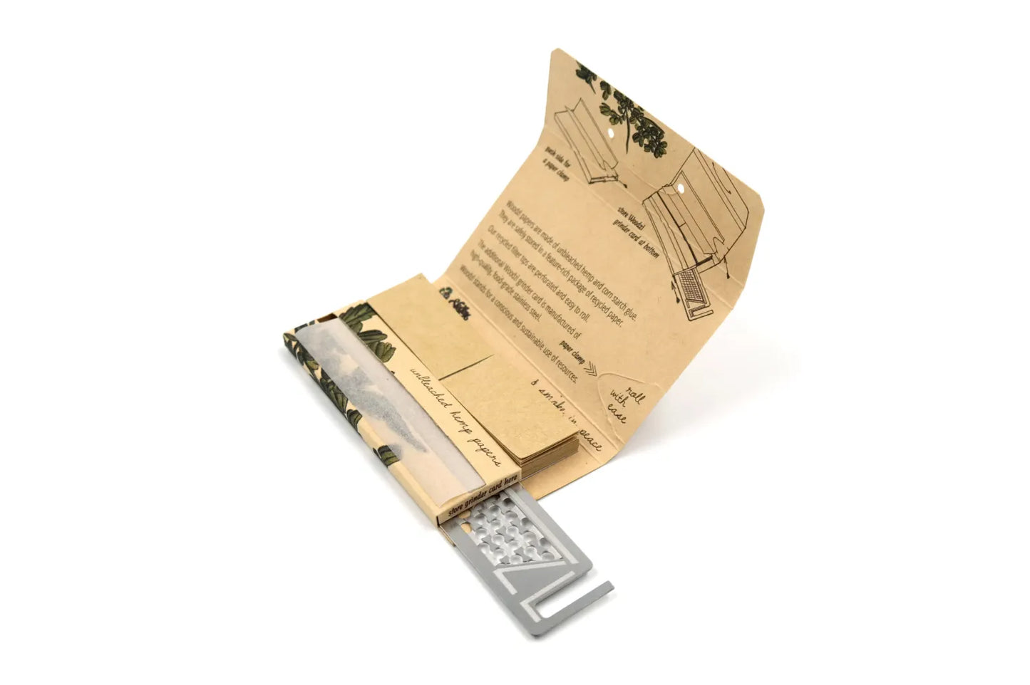 WOODZL 1 1⁄4 Sticky Papers Hemp mit Tips, Paperclamp und Grinderkartenfach